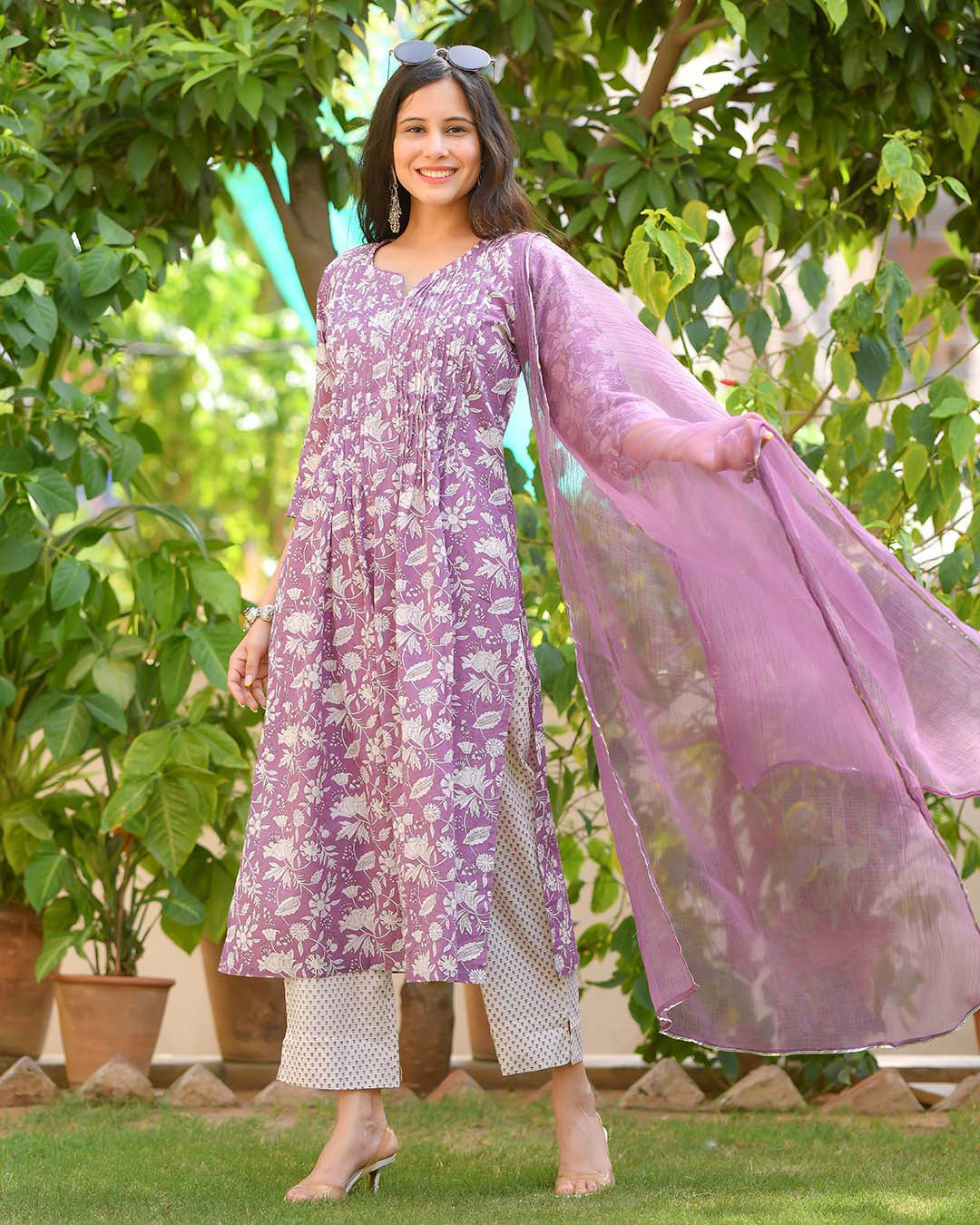 Indian Clothing Malishka Womens Purple Cotton Kurta Pant Set With Dupatta - Purple - Malishka