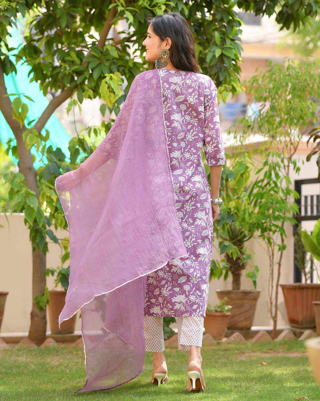 Indian Clothing Malishka Womens Purple Cotton Kurta Pant Set With Dupatta - Purple - Swadesiicart