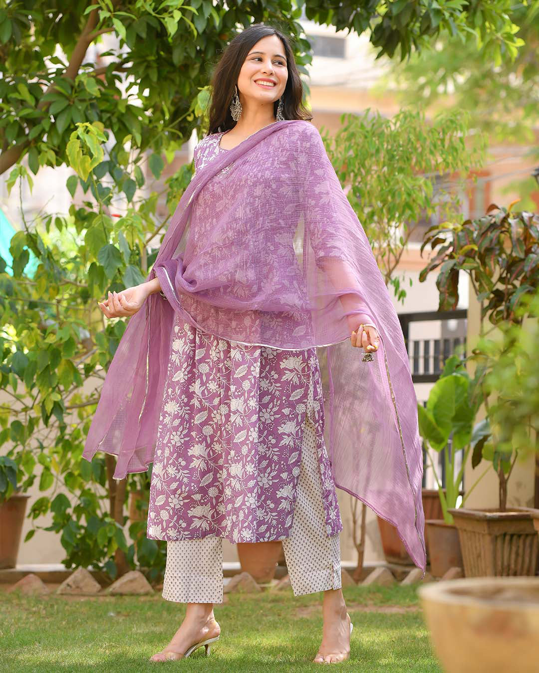 Indian Clothing Malishka Womens Purple Cotton Kurta Pant Set With Dupatta - Purple - Swadesiicart