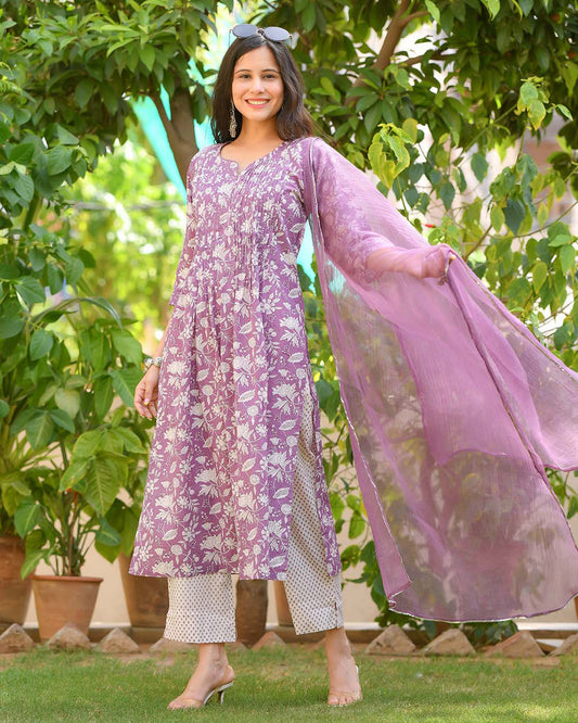 Indian Clothing Malishka Womens Purple Cotton Kurta Pant Set With Dupatta - Purple - Malishka