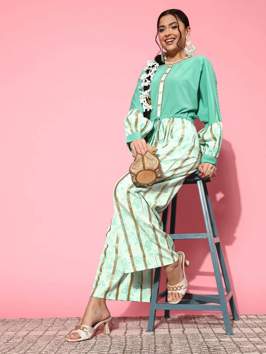 Ahalyaa Women Gorgeous Green Printed Once Upon a Sleeve Jumpsuit - Swadesiicart