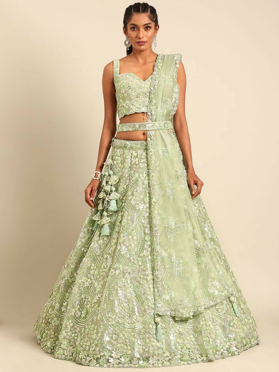 House of Panchhi Lime Green Net Sequins and Zarkan embroidery Lehenga choli & Dupatta | Swadesiicart