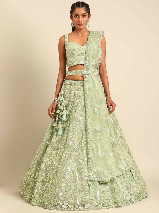 House of Panchhi Lime Green Net Sequins and Zarkan embroidery Lehenga choli & Dupatta | Swadesiicart