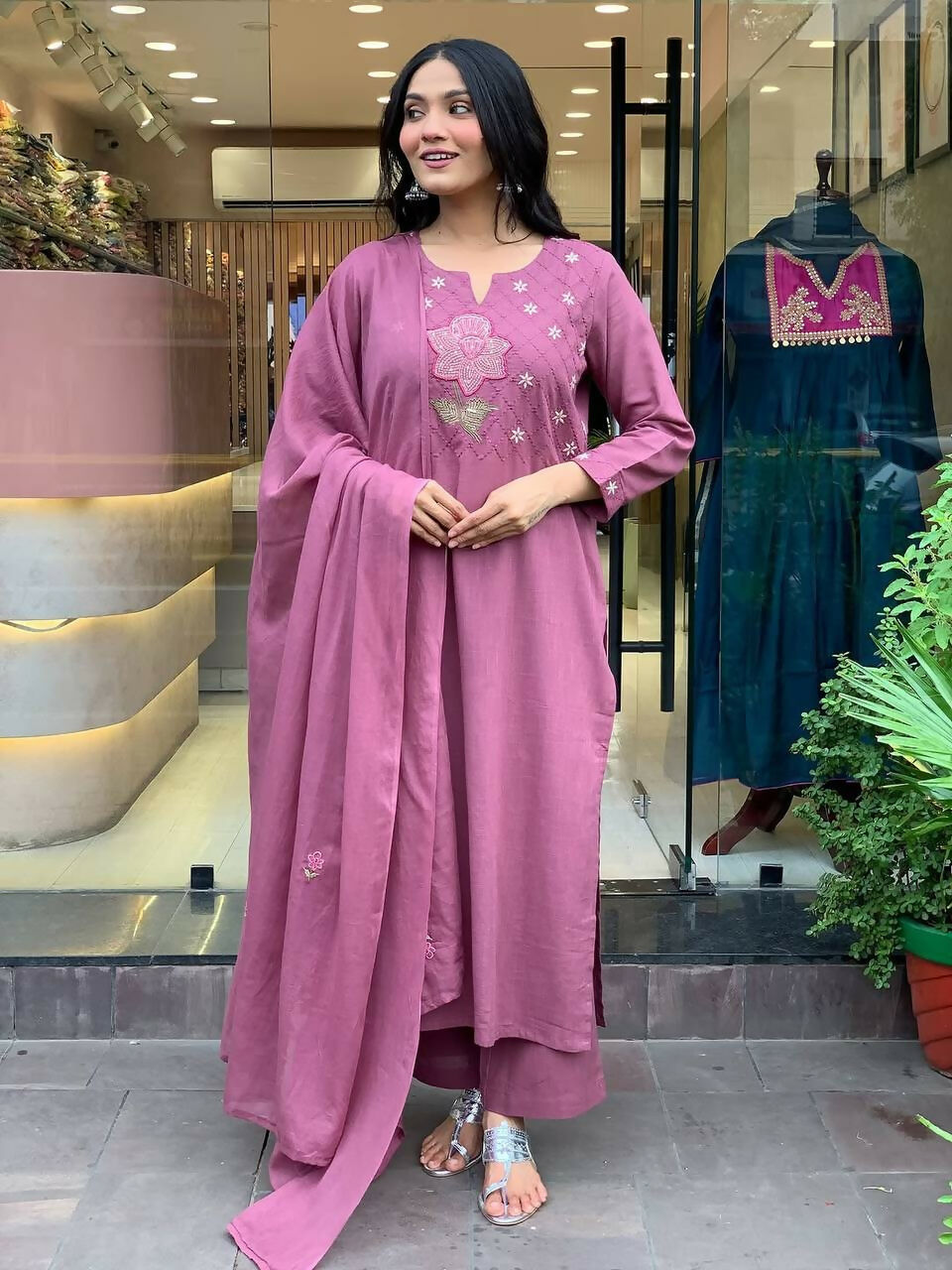 The52 Peach Women's Gorgeous Embroidered Cotton Fabric Straight Kurta Pant with Dupatta Set - Swadesiicart