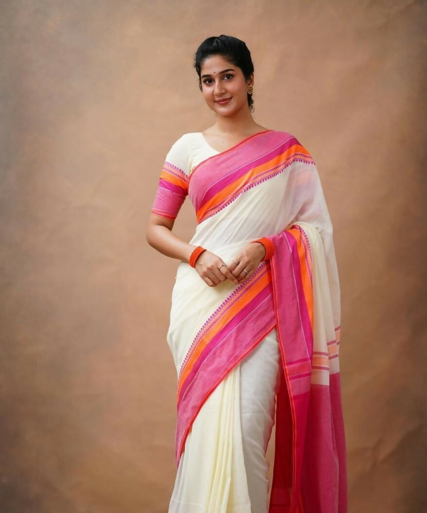 Exclusive Collection Off White Beautiful Khadi Cotton Handloom Saree - Swadesiicart