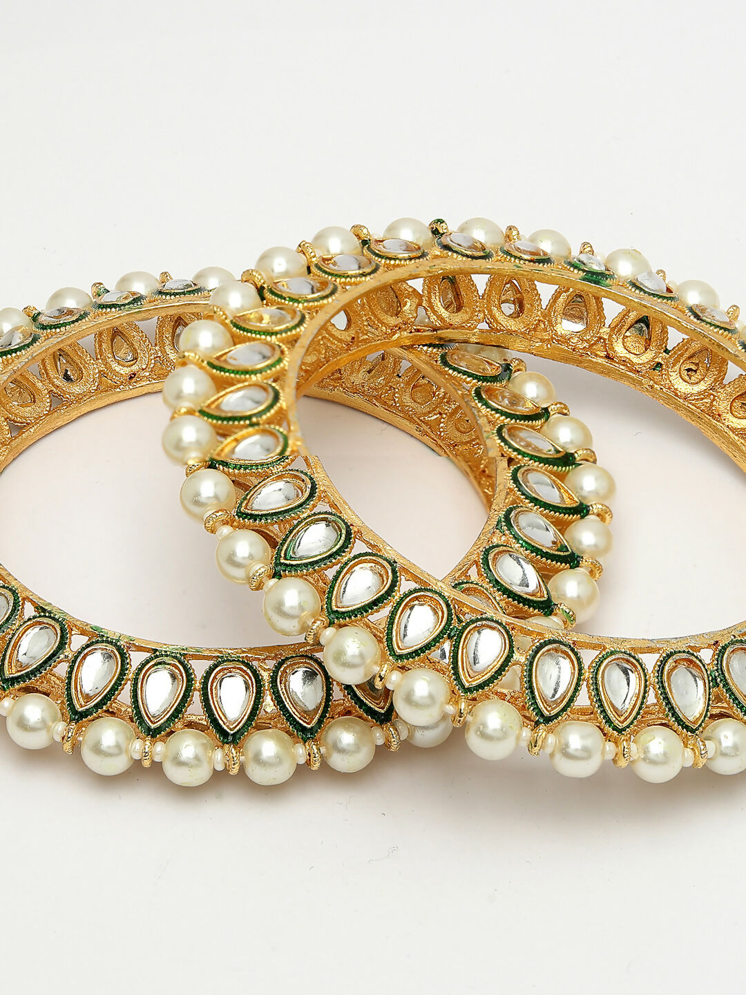 NVR Women's Set Of 2 Gold-Polished Kundan-Studded & Pearls-Beaded Bangles - Swadesiicart
