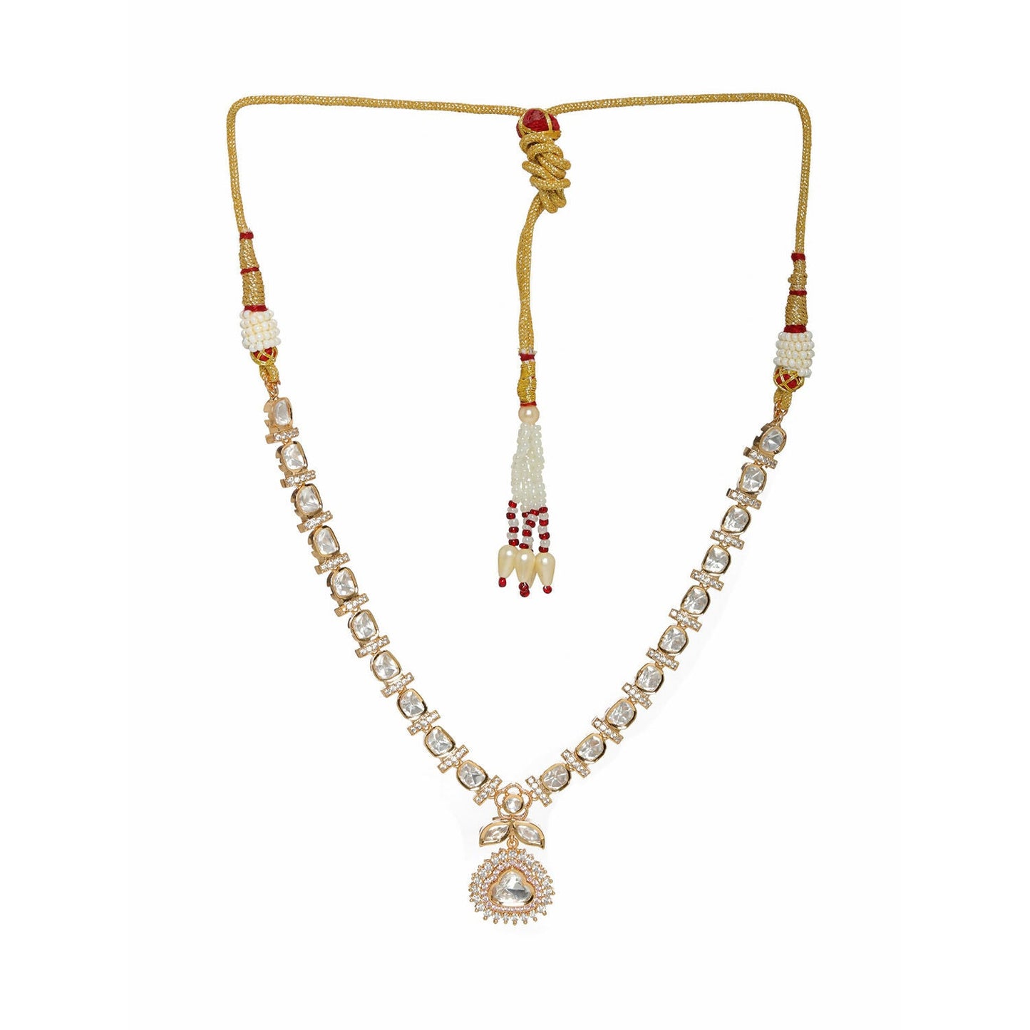 Gold and American Diamond Neckpiece with Pink Stone Center Piece (Gold) - Ruby Raang | Swadesiicart