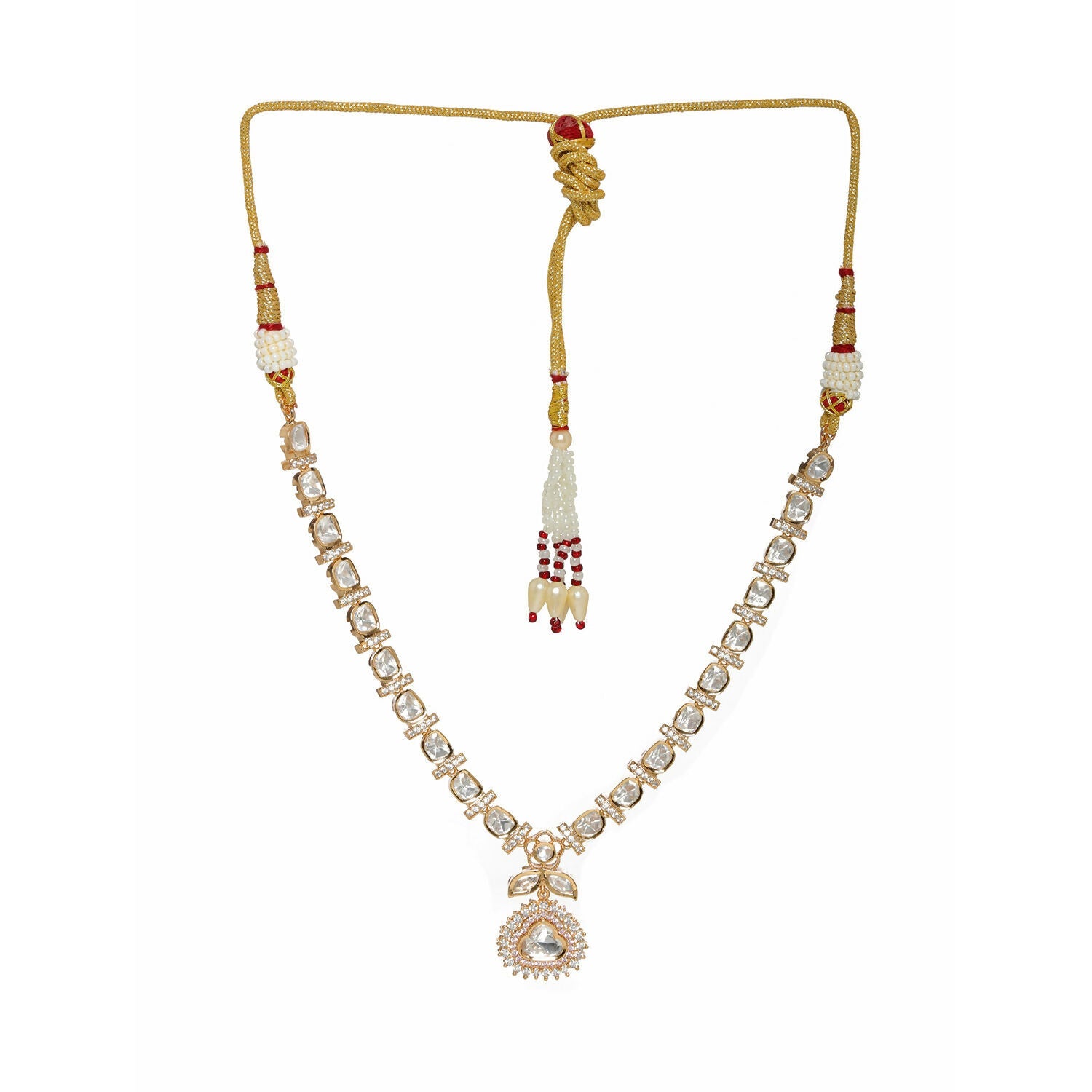 Gold and American Diamond Neckpiece with Pink Stone Center Piece (Gold) - Ruby Raang | Swadesiicart
