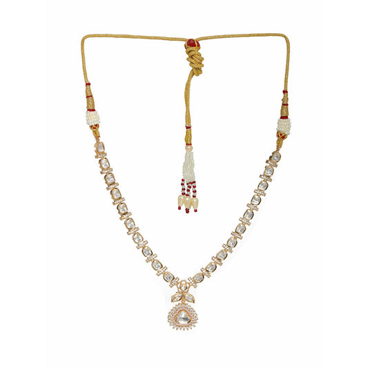 Gold and American Diamond Neckpiece with Pink Stone Center Piece (Gold) - Ruby Raang | Swadesiicart