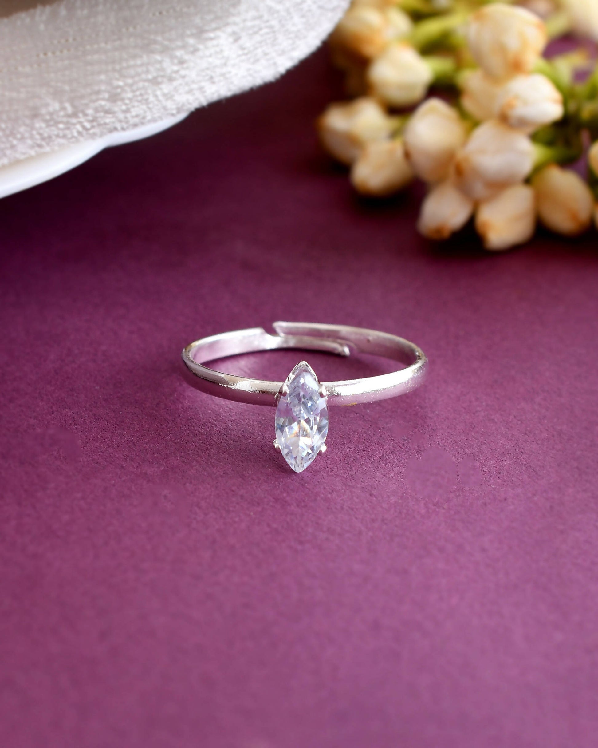 VOJ white CZ-detail Stainless Steel Cubic Zirconia Silver Plated adjustable finger Ring | Swadesiicart