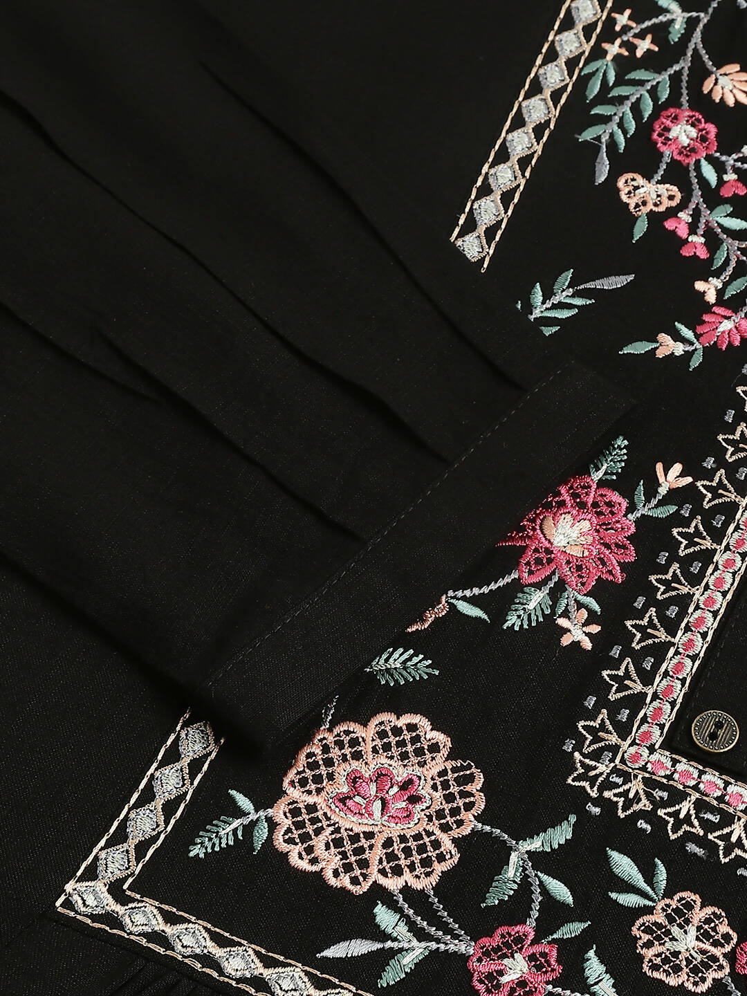 Black Rayon Yoke Embroidered A-line Top - Tarini - Swadesiicart