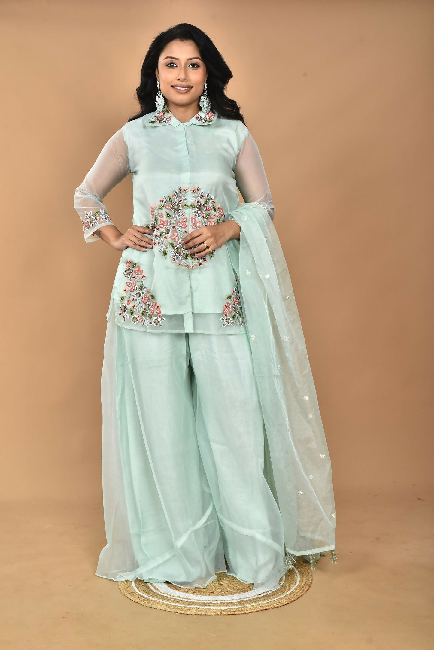 Morchari Women And Hand Embroidery Palazzo Set-Sea Green - Swadesiicart