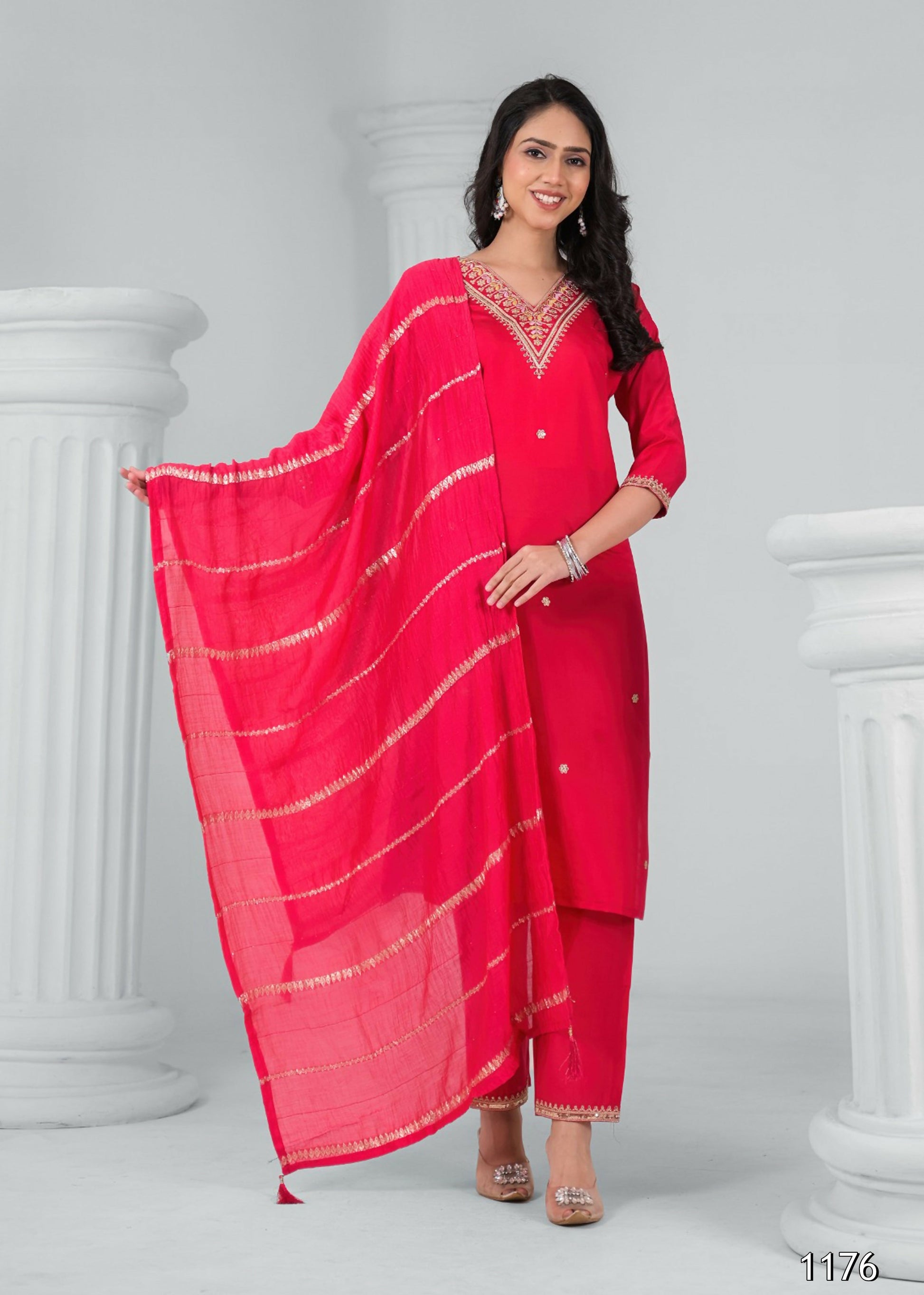 Ethnic Festive Wear Reyon Red Stitched Suit With Dupatta - Tanisha - Swadesiicart