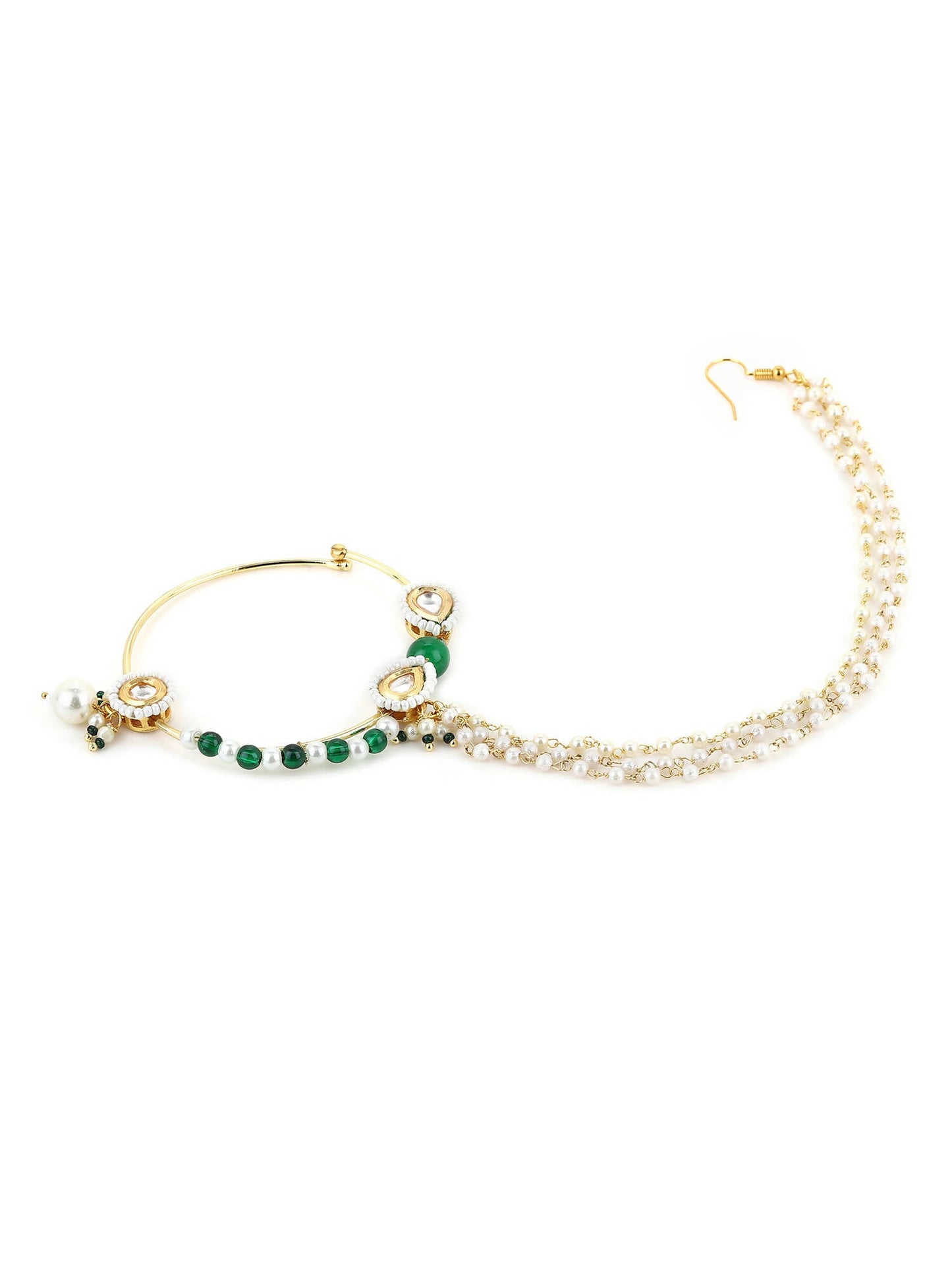 Gold-Polished White Green Kundan-Studded Pearl Beaded Nosepin - Ruby Raang | Swadesiicart