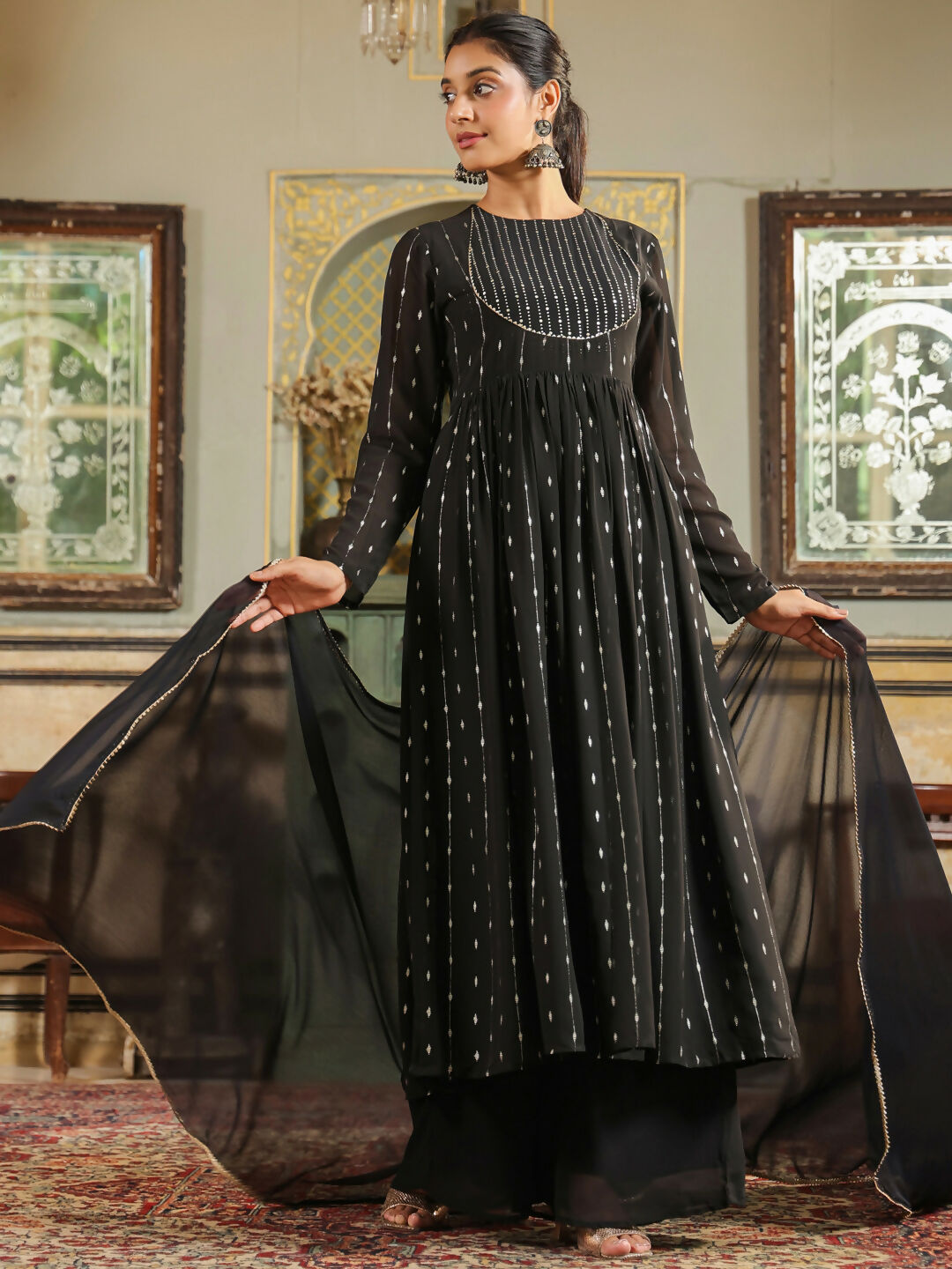 Janasya Black Georgette Foil Print Kurta,Bottom & Dupatta | Swadesiicart