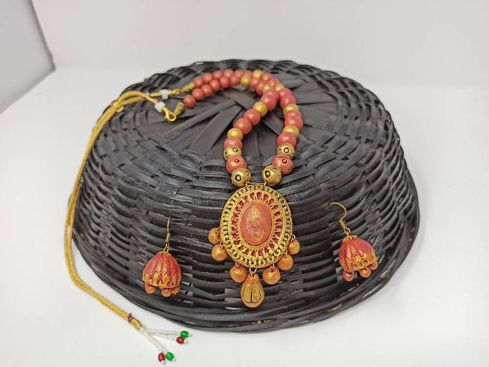 Terracotta Medium Necklace Set With Hangings-Golden Pink | Swadesiicart