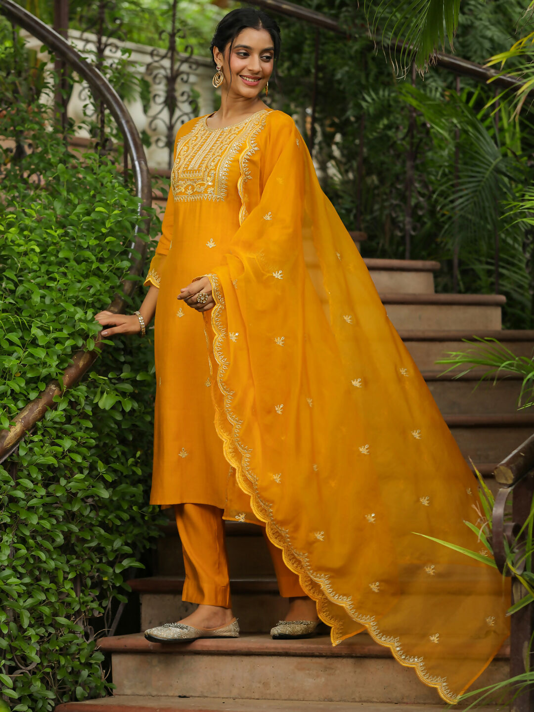 Janasya Mustard Silk Blend Embroidered Kurta,Bottom & Dupatta | Swadesiicart