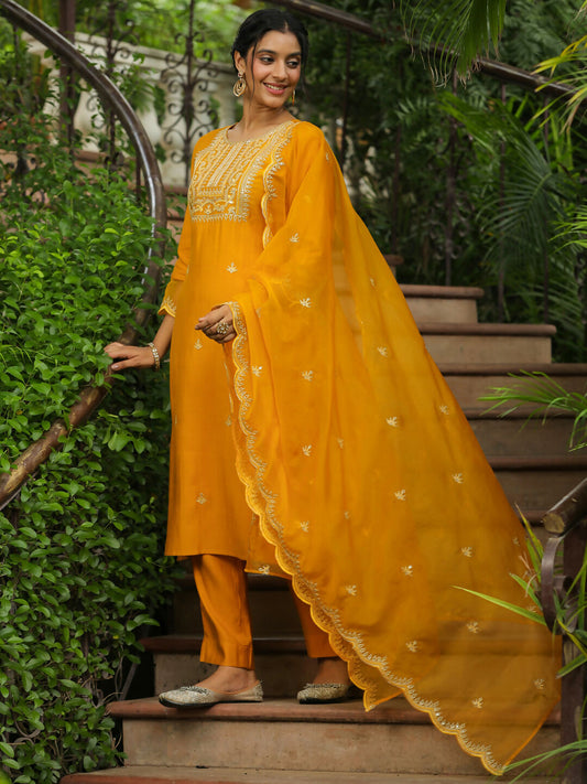 Janasya Mustard Silk Blend Embroidered Kurta,Bottom & Dupatta | Swadesiicart