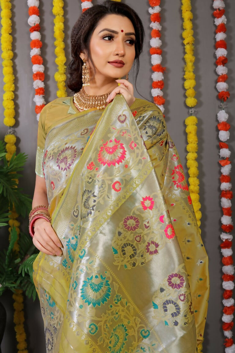 Jyoti Fashion Women's Mehndi Banarasi Silk Zari Woven Saree with Blouse | Swadesiicart