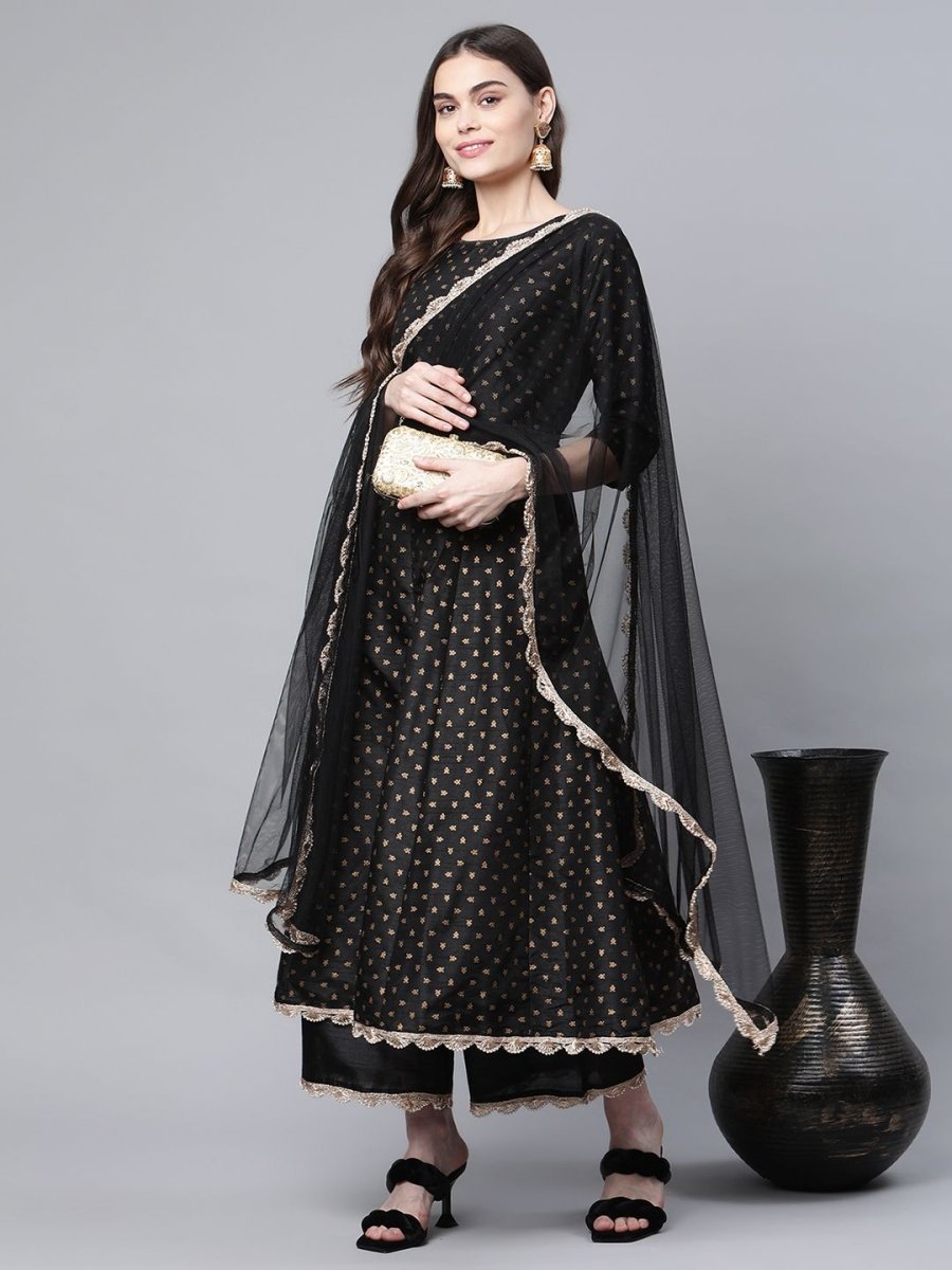 Ahalyaa Women Black Poly Silk Gold Printed Anarkali Kurta Palazzo Set With Dupatta | Swadesiicart