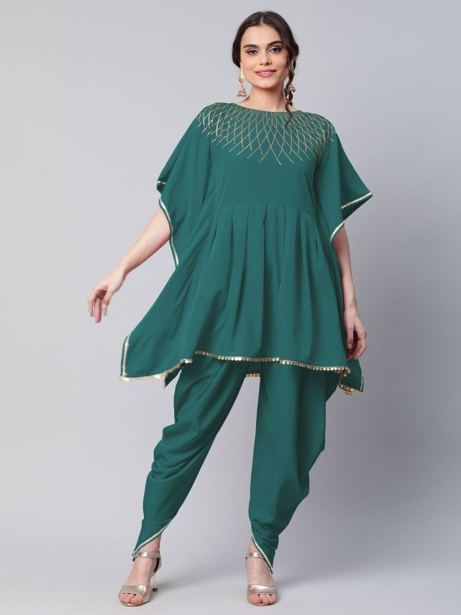 Ahalyaa Women Dark Green Crepe Glitter Printed Kurta with Dhoti Pants | Swadesiicart