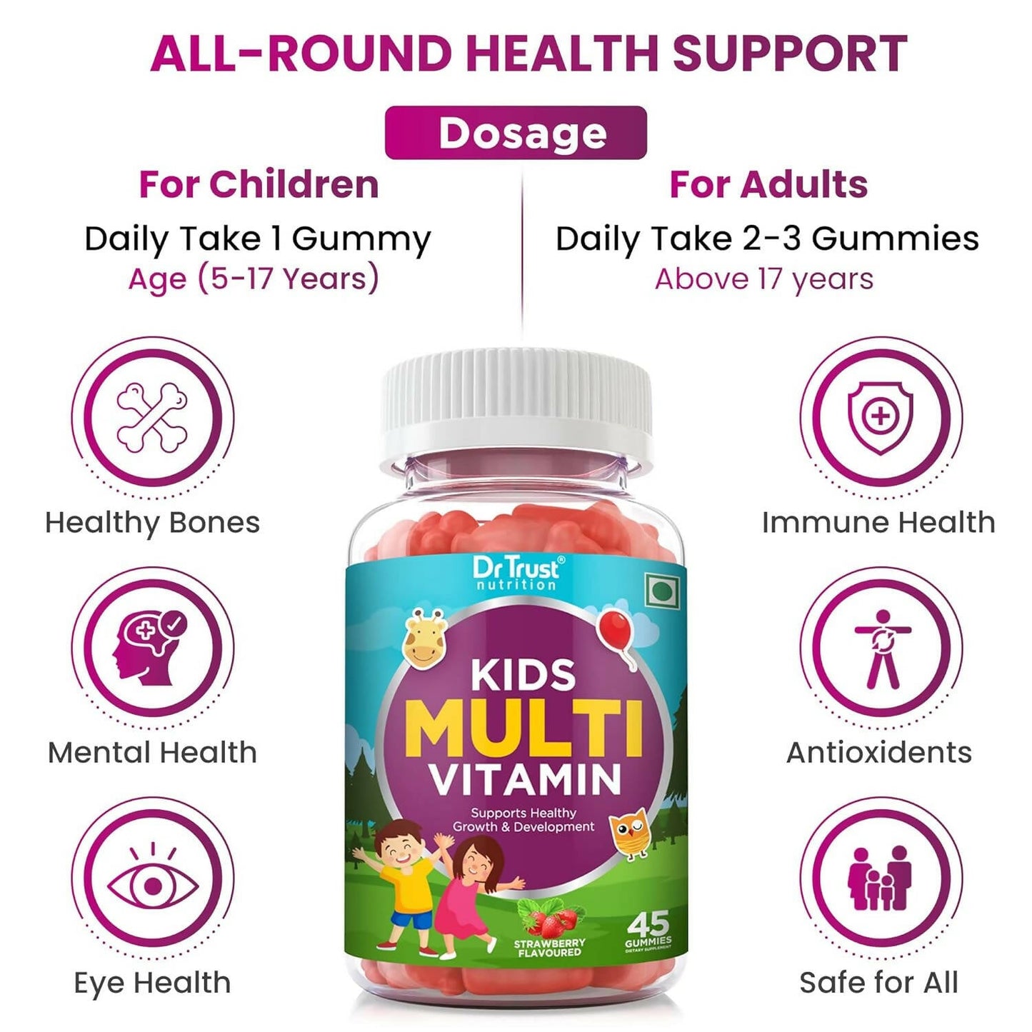 Dr Trust Nutrition Kids Multivitamin Gummies - Strawberry Flavor - Swadesiicart