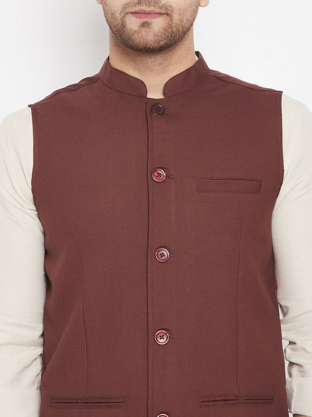 Even Apparels Maroon Merino Men Woven Nehru Jacket | Swadesiicart
