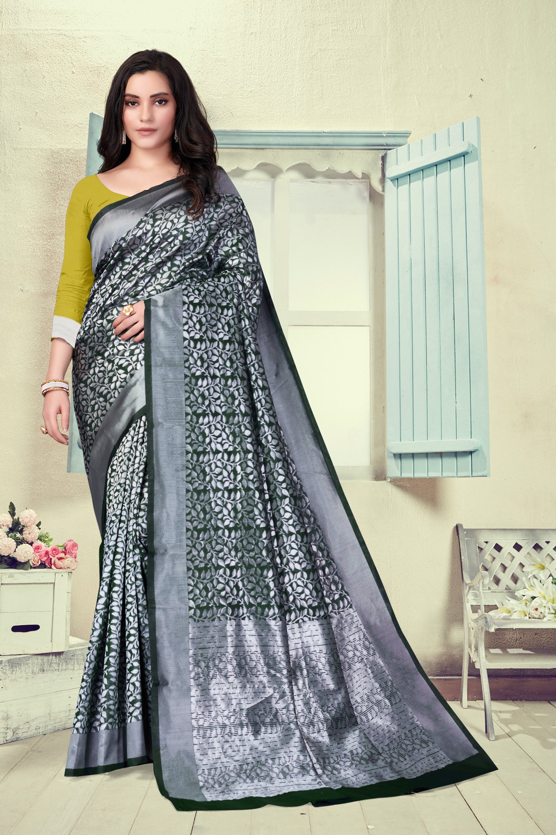 Vedant Vastram Litchi Silk Designer Banarasi Saree - Bottle Green | Swadesiicart