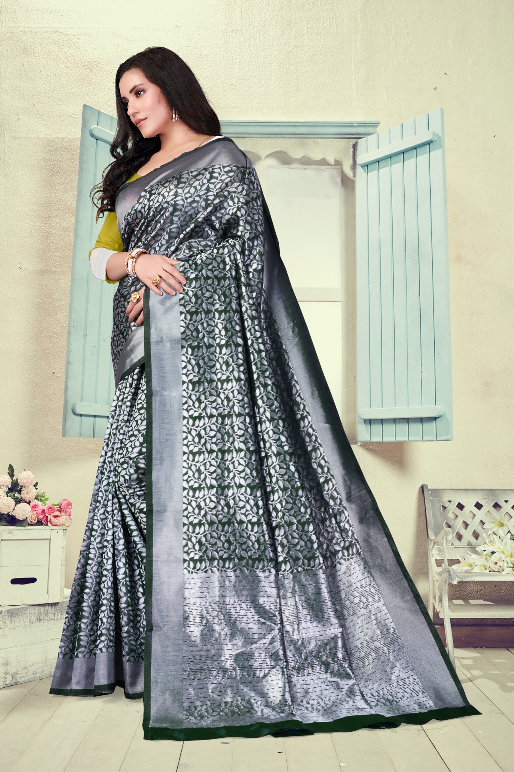Vedant Vastram Litchi Silk Designer Banarasi Saree - Bottle Green | Swadesiicart