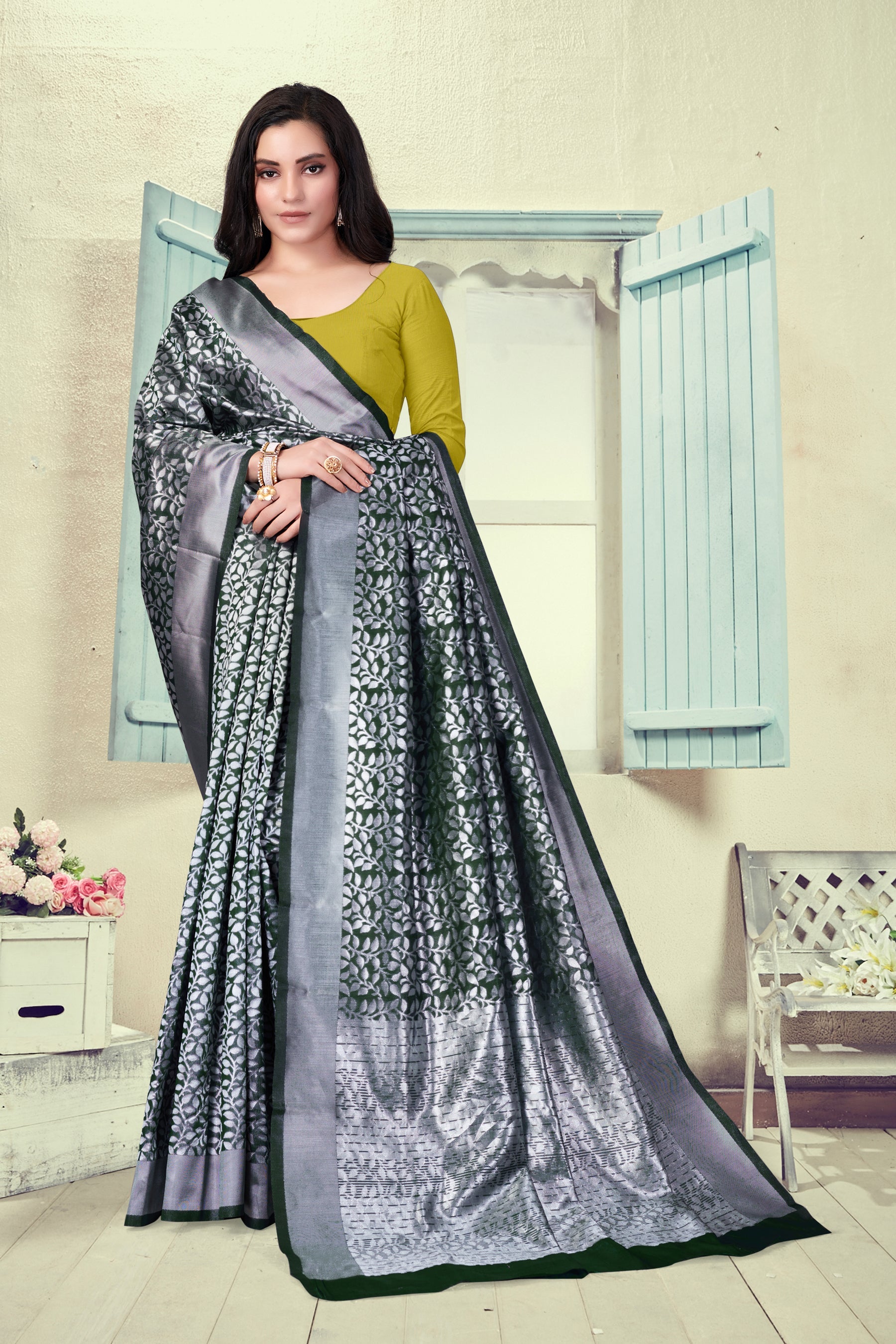 Vedant Vastram Litchi Silk Designer Banarasi Saree - Bottle Green | Swadesiicart
