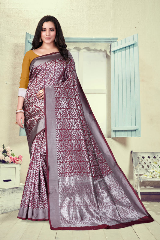 Vedant Vastram Litchi Silk Designer Banarasi Saree - Maroon | Swadesiicart