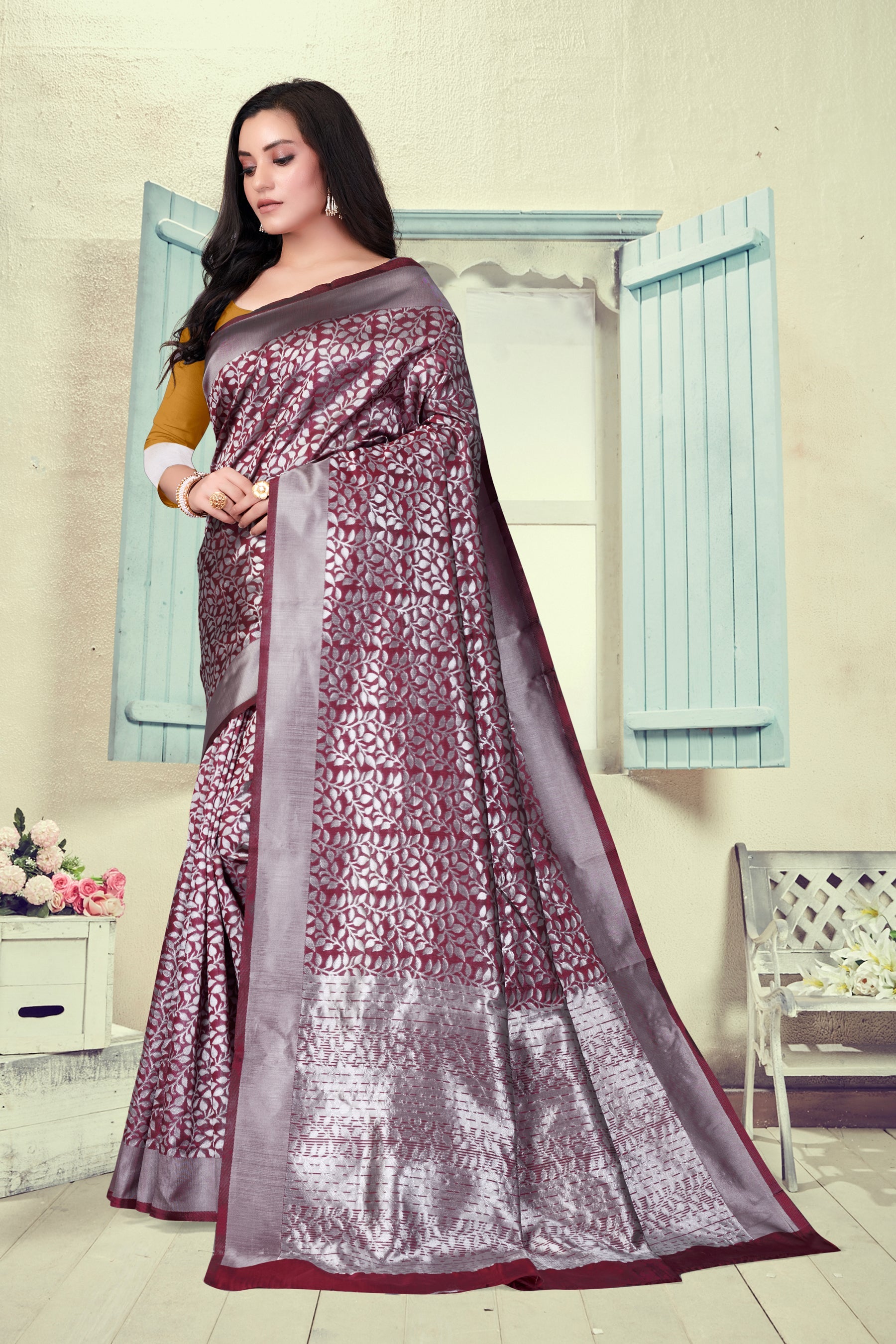 Vedant Vastram Litchi Silk Designer Banarasi Saree - Maroon | Swadesiicart
