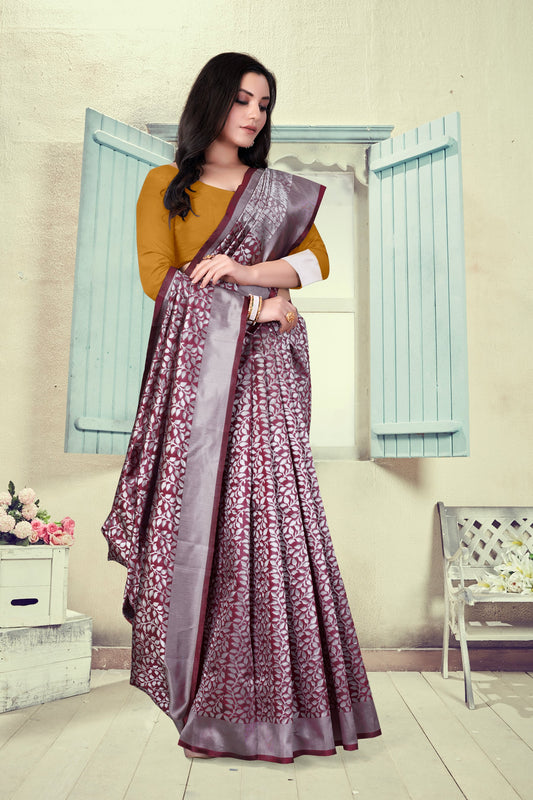 Vedant Vastram Litchi Silk Designer Banarasi Saree - Maroon | Swadesiicart