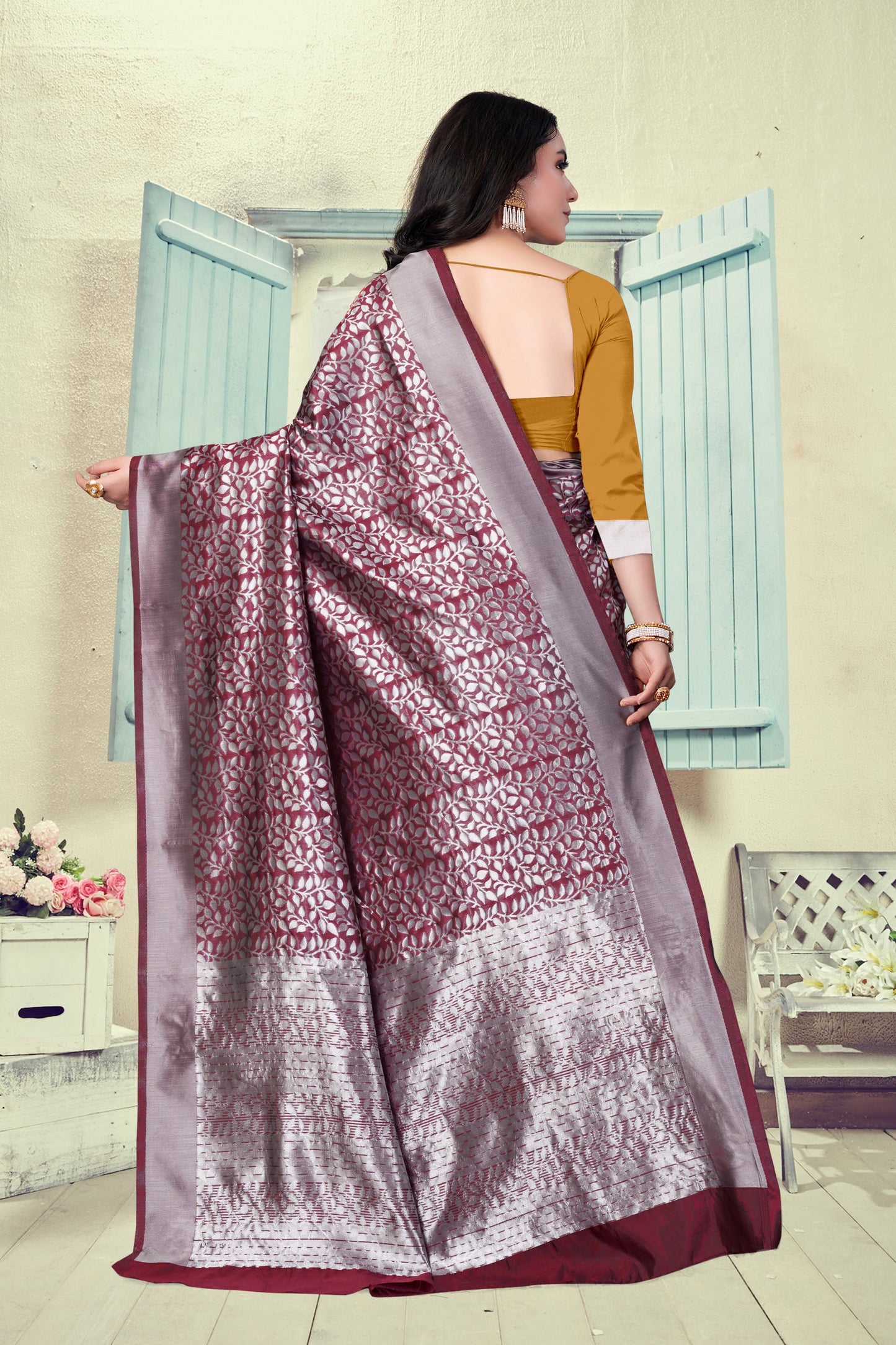 Vedant Vastram Litchi Silk Designer Banarasi Saree - Maroon | Swadesiicart