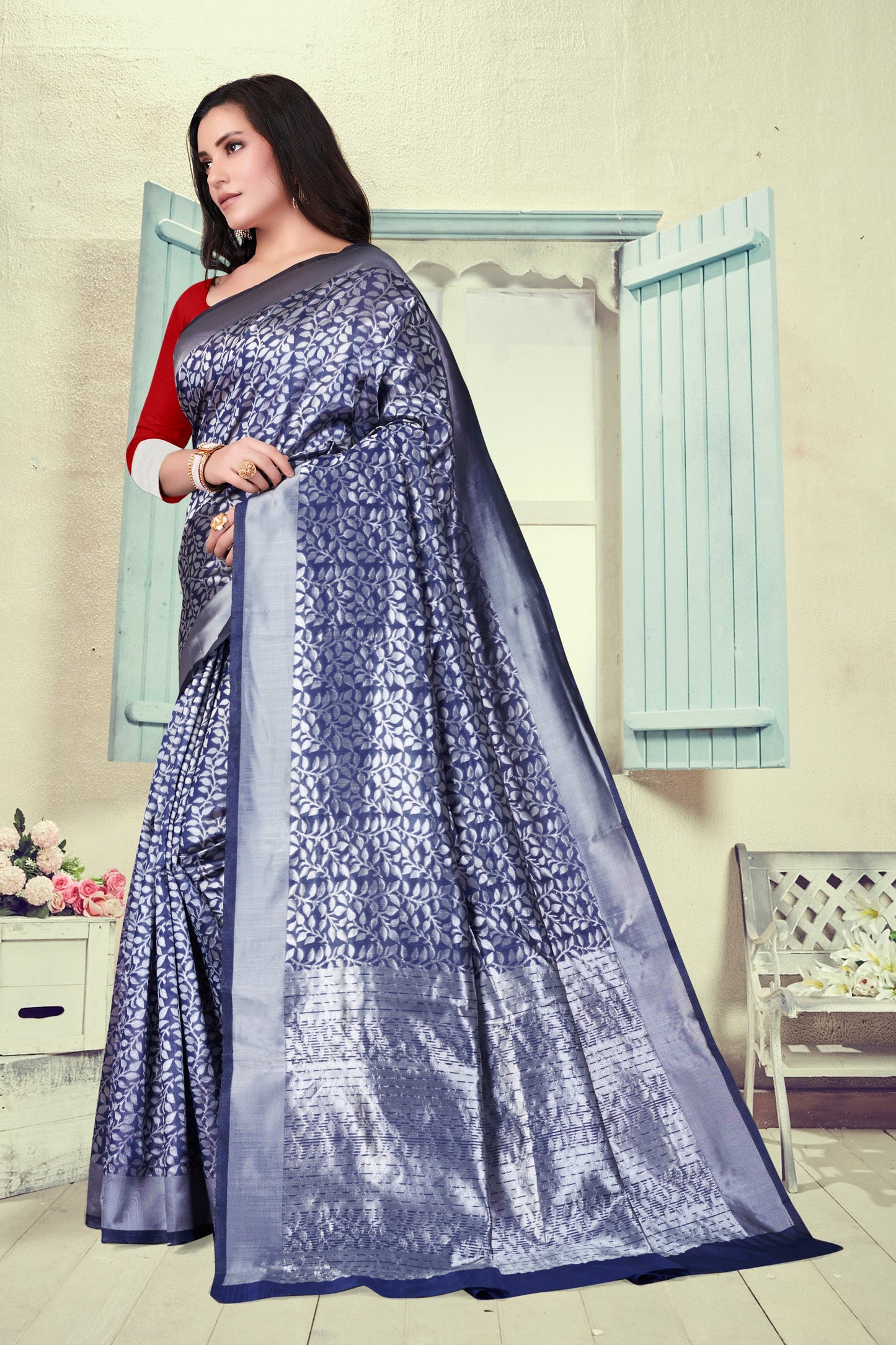 Vedant Vastram Litchi Silk Designer Banarasi Saree - Navy Blue | Swadesiicart