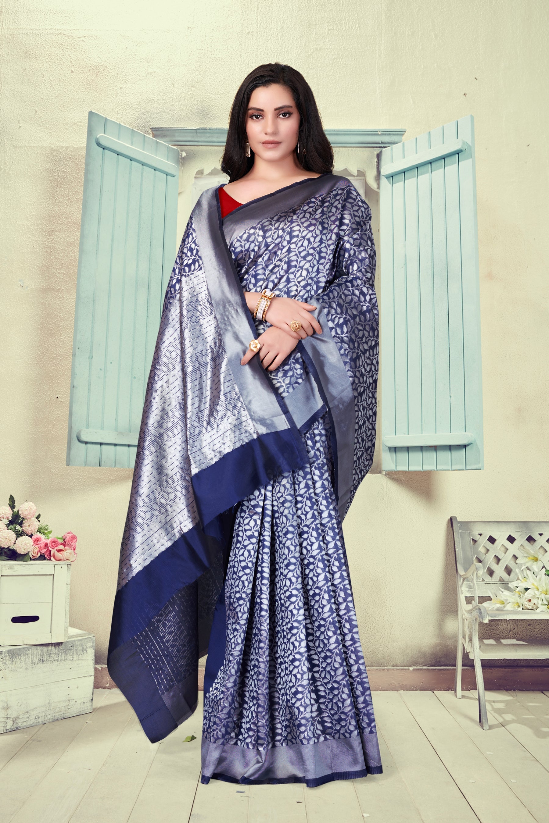 Vedant Vastram Litchi Silk Designer Banarasi Saree - Navy Blue | Swadesiicart
