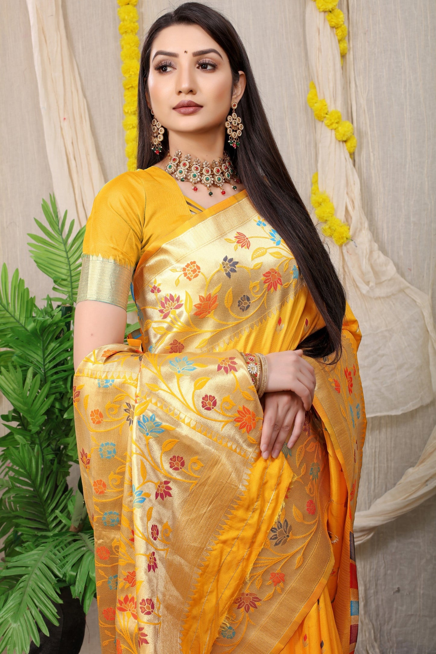 Anaita Mustard Woven Design Pure Silk Banarasi Saree With Blouse