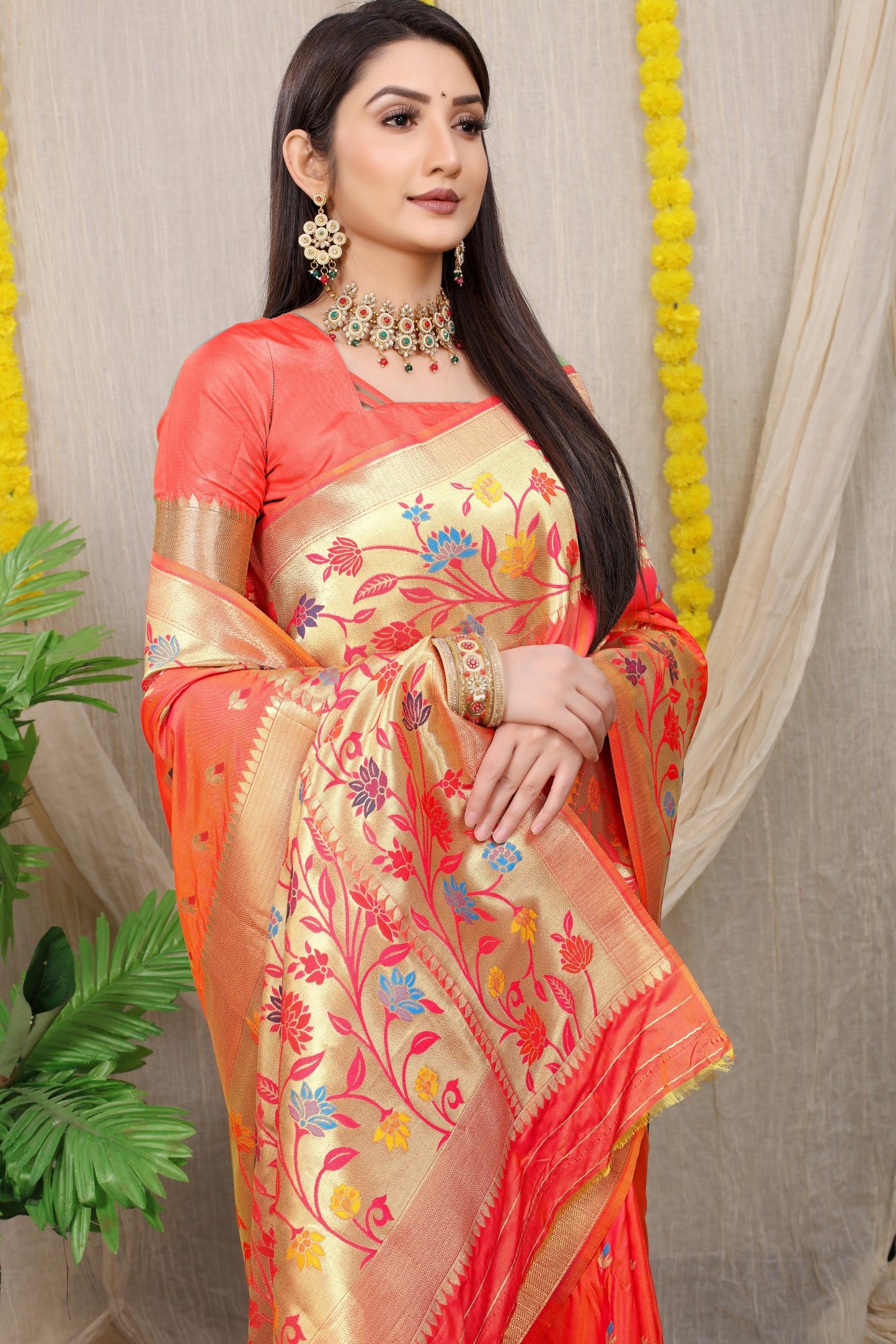 Anaita Peach Woven Design Pure Silk Banarasi Saree With Blouse