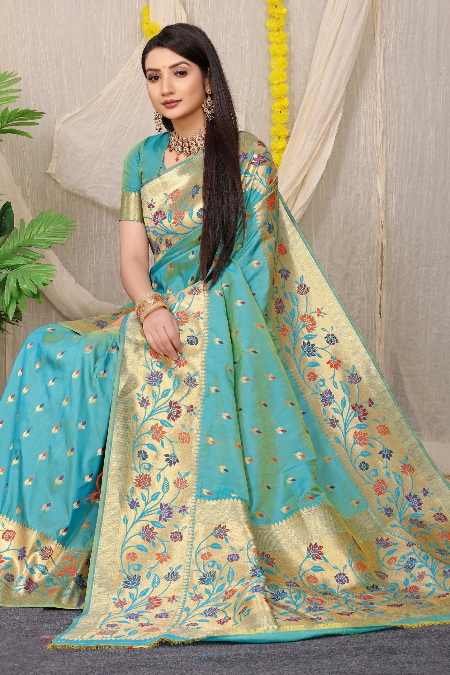 Anaita Sky Woven Design Pure Silk Banarasi Saree With Blouse