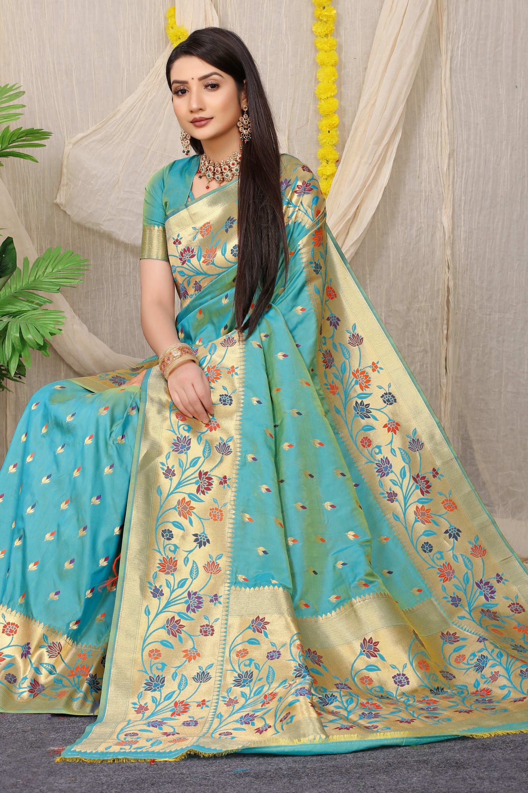 Anaita Sky Woven Design Pure Silk Banarasi Saree With Blouse