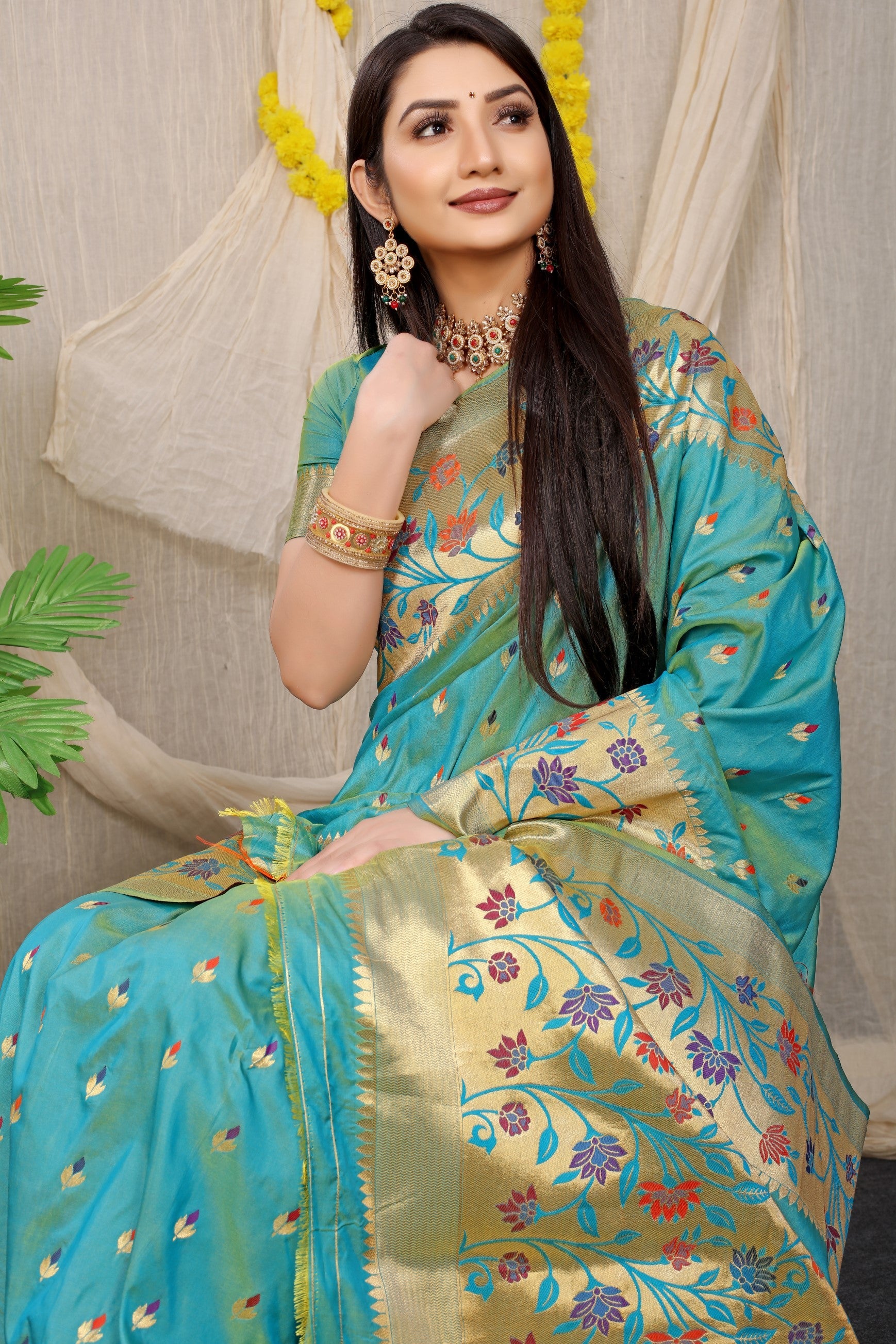 Anaita Sky Woven Design Pure Silk Banarasi Saree With Blouse