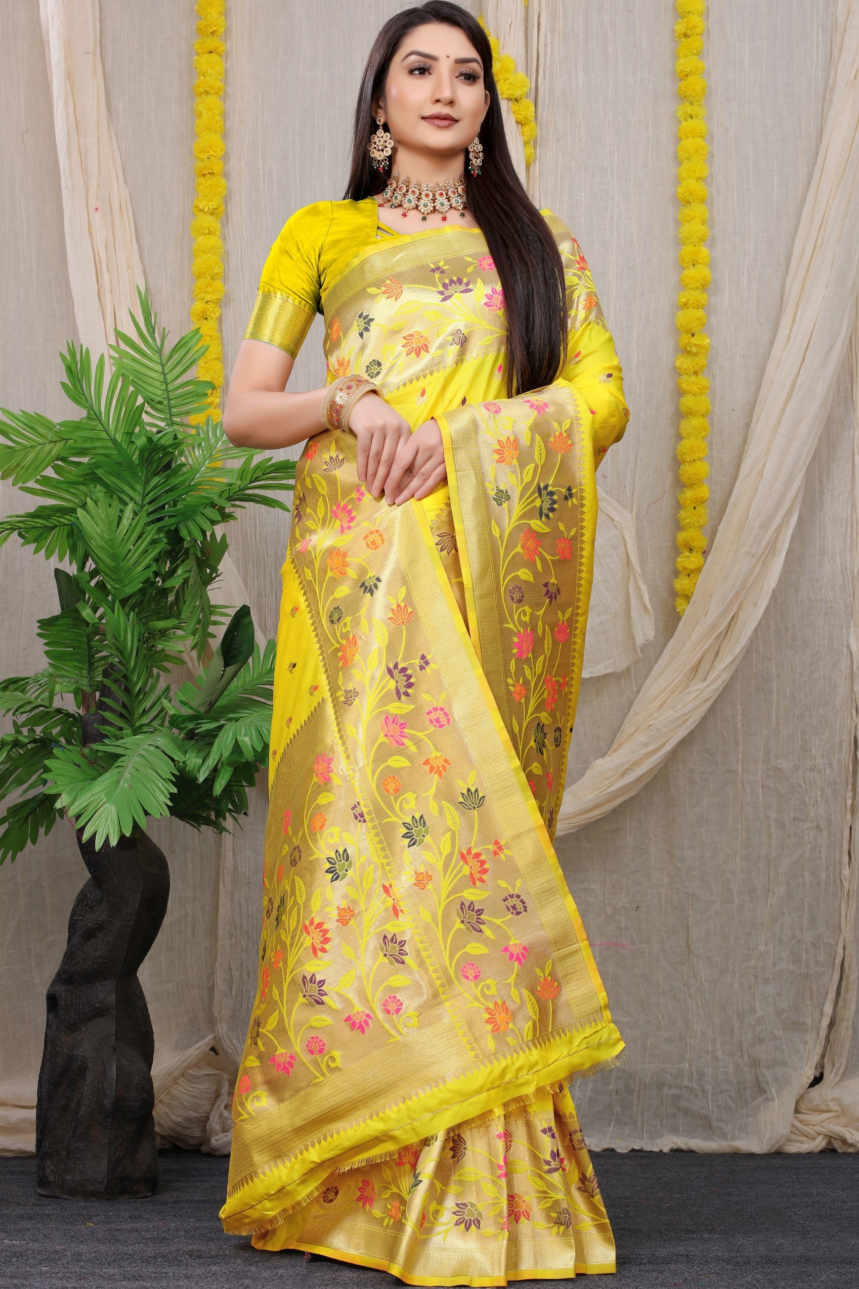 Anaita Yellow Woven Design Pure Silk Banarasi Saree With Blouse