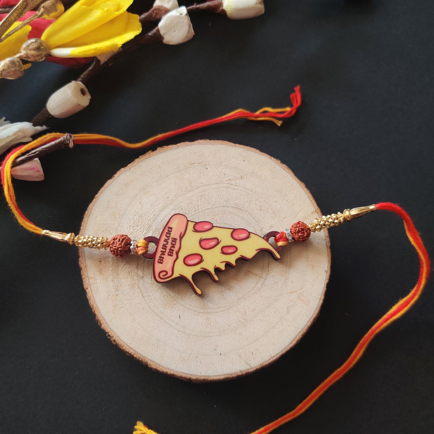 Indianvibez Bhukkad Bhai Pizza Wooden Rakhi with Rudraksha, Food Rakhi for Brother, Shop India - Kids Rakhi - Swadesiicart