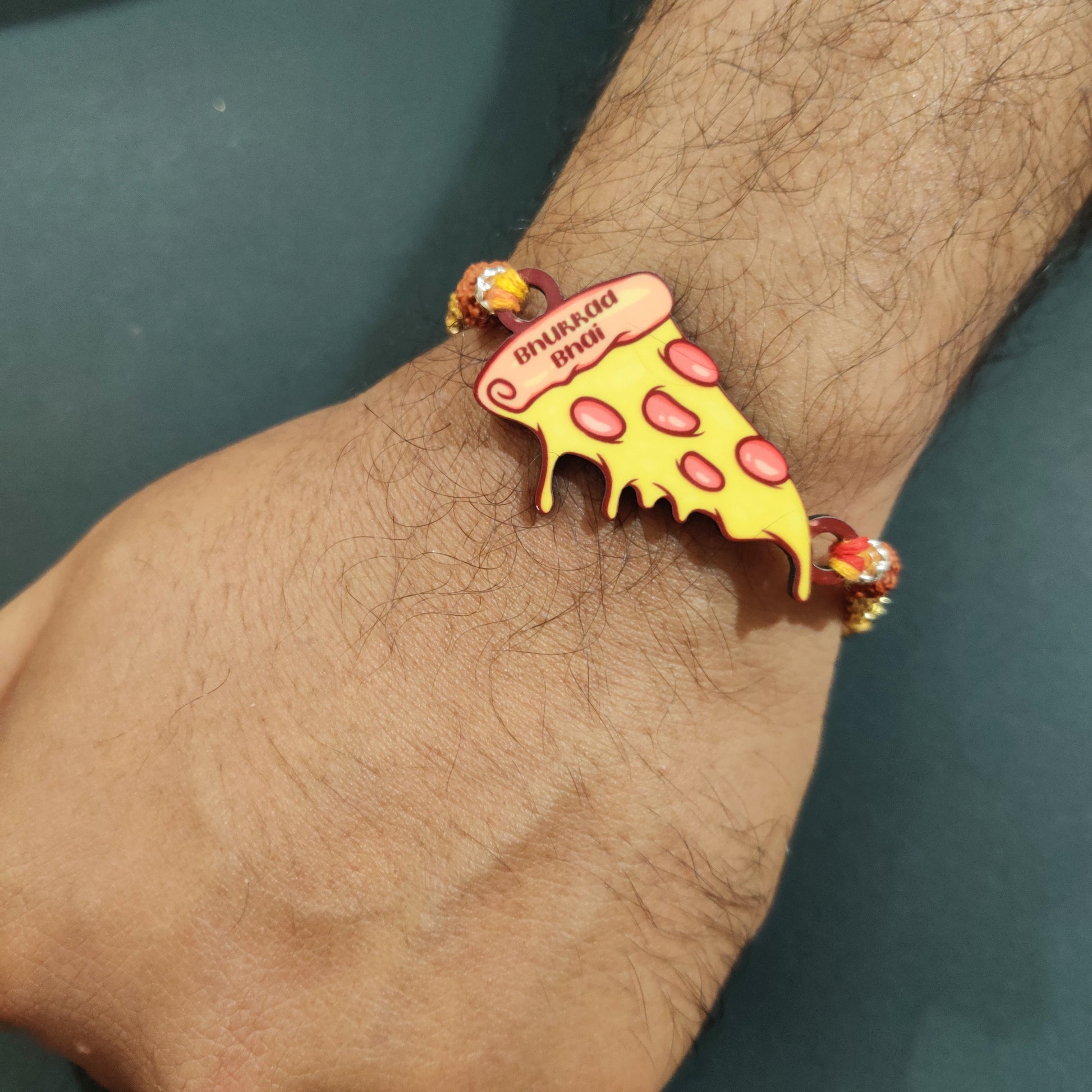 Indianvibez Bhukkad Bhai Pizza Wooden Rakhi with Rudraksha, Food Rakhi for Brother, Shop India - Kids Rakhi - Swadesiicart