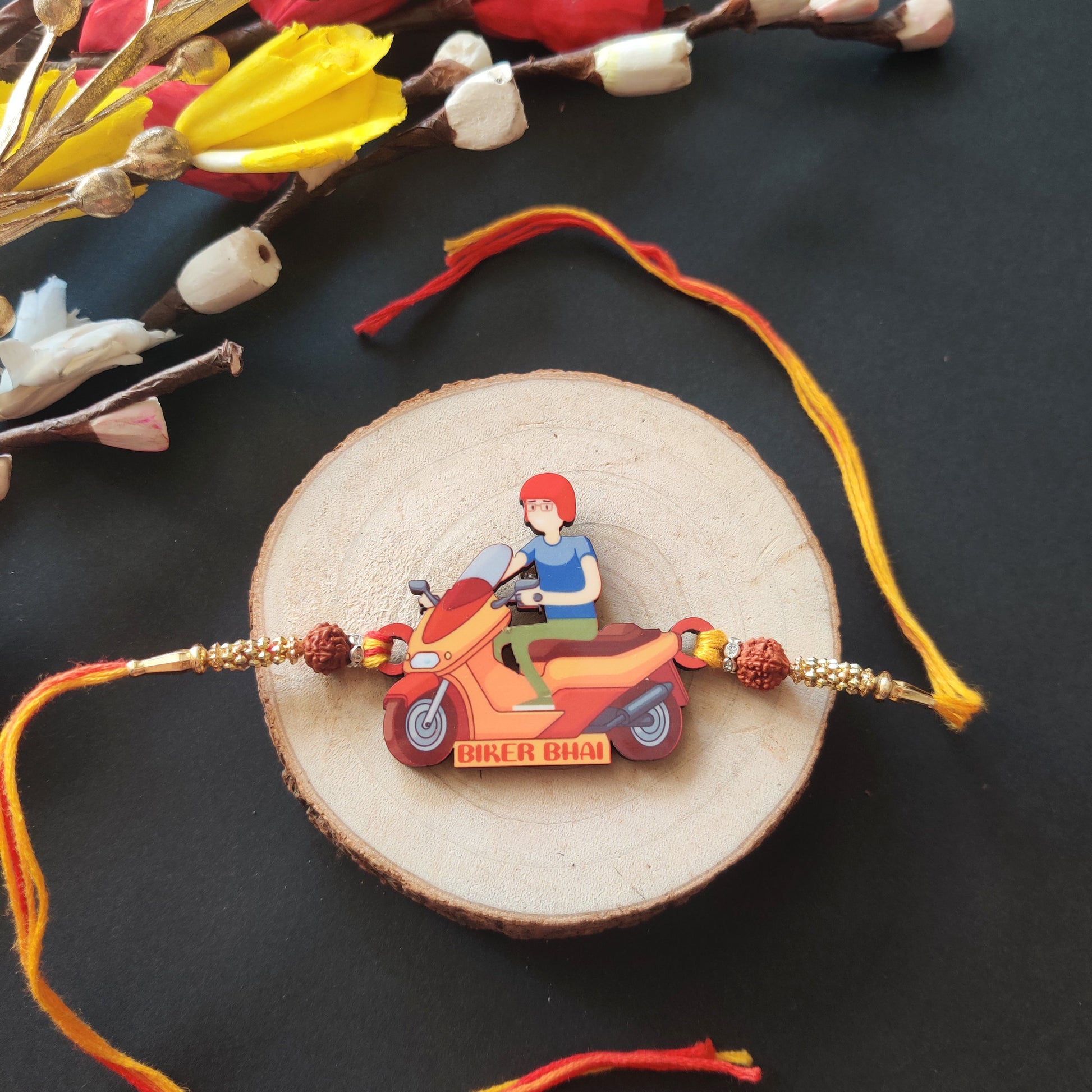 Indianvibez Biker Bhai Wooden Rakhi with Rudraksha, Motorcycle Rakhi for Bro, Shop India - Kids Rakhi - Swadesiicart
