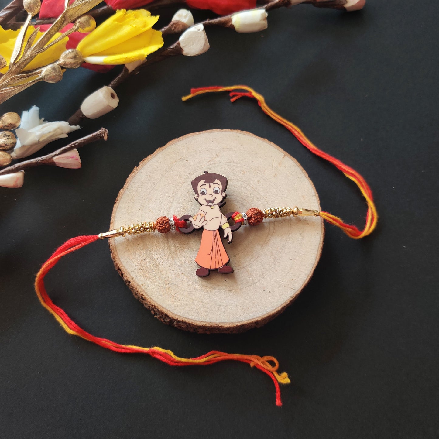 Indianvibez Chota Bheem Wooden Rakhi with Rudraksha, Cartoon Rakhi for Bro, Shop India - Kids Rakhi - Swadesiicart
