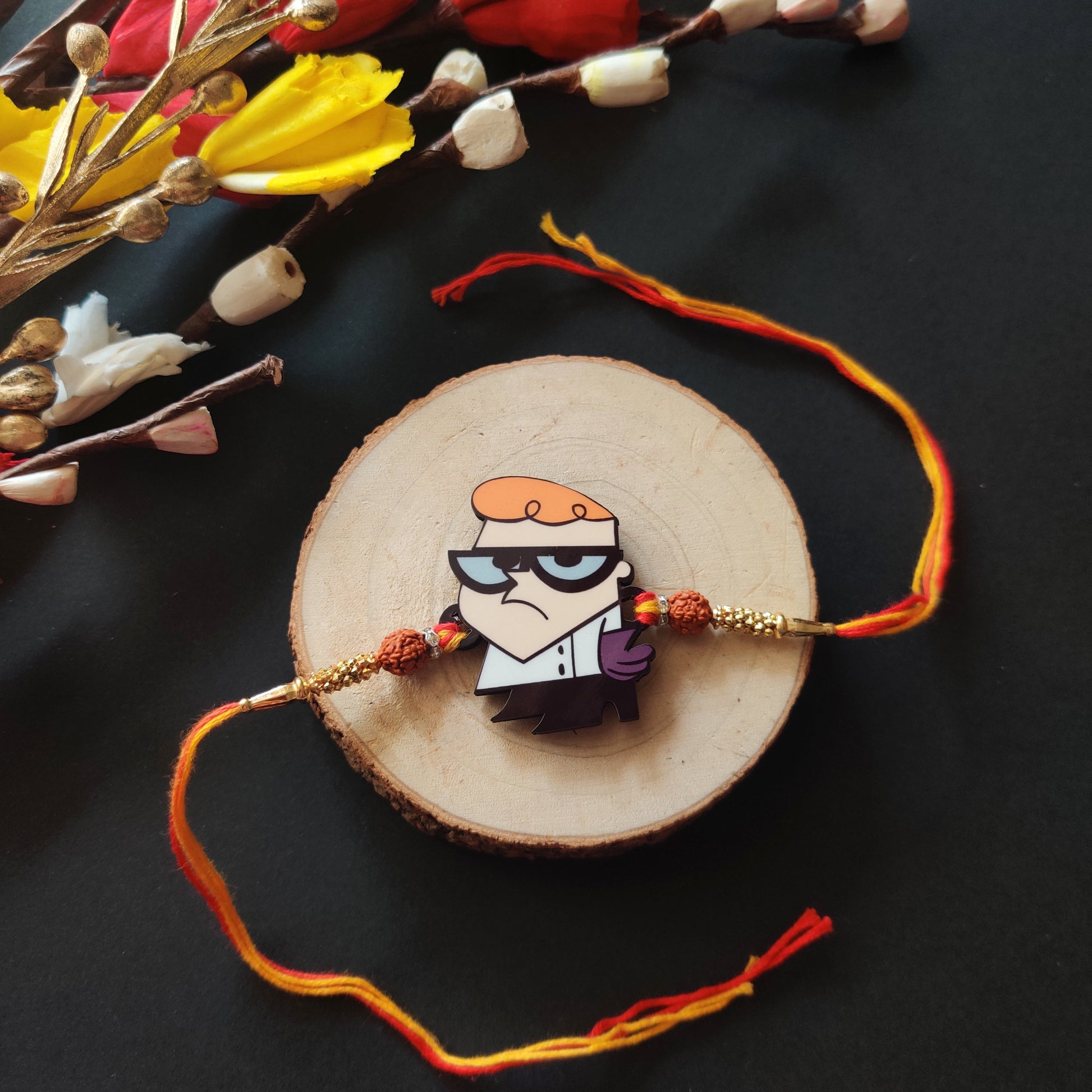 Indianvibez Dexter Wooden Rakhi with Rudraksha, Cartoon Rakhi for Bro, Shop India - Kids Rakhi - Swadesiicart