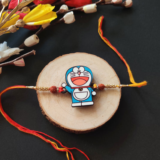 Indianvibez Doraemon Wooden Rakhi with Rudraksha, Cartoon Rakhi for Bro, Shop India - Kids Rakhi - Swadesiicart