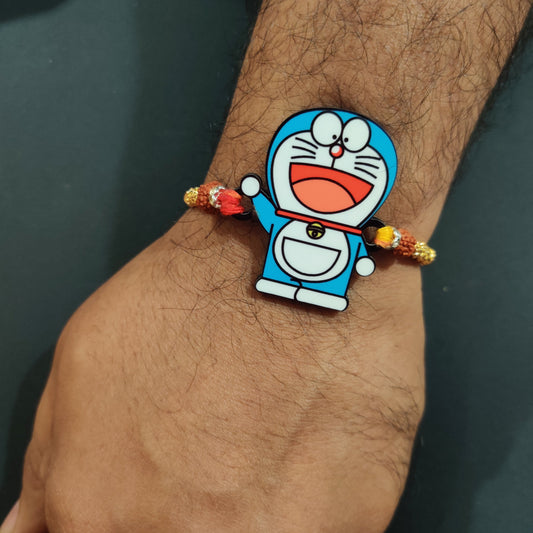 Indianvibez Doraemon Wooden Rakhi with Rudraksha, Cartoon Rakhi for Bro, Shop India - Kids Rakhi - Swadesiicart