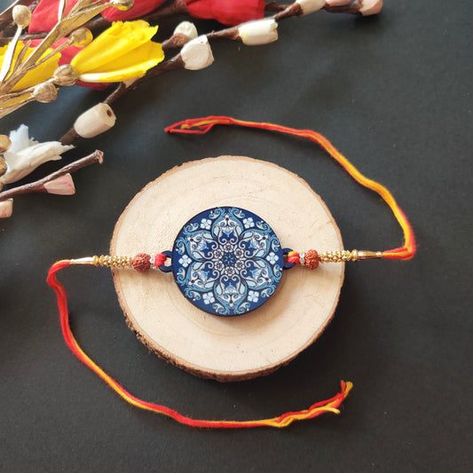 Indianvibez Ethnic Mandala Wooden Rakhi with Rudraksha, Divine Rakhi for Brother| - Kids Rakhi - Swadesiicart